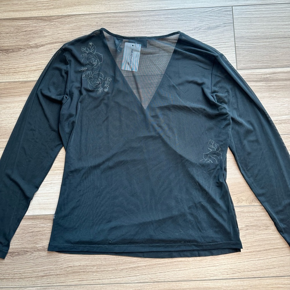Vintage Y2K Fairy New York & Company Black Mesh Wrap Blouse with Pink Sequins - Picture 9 of 13